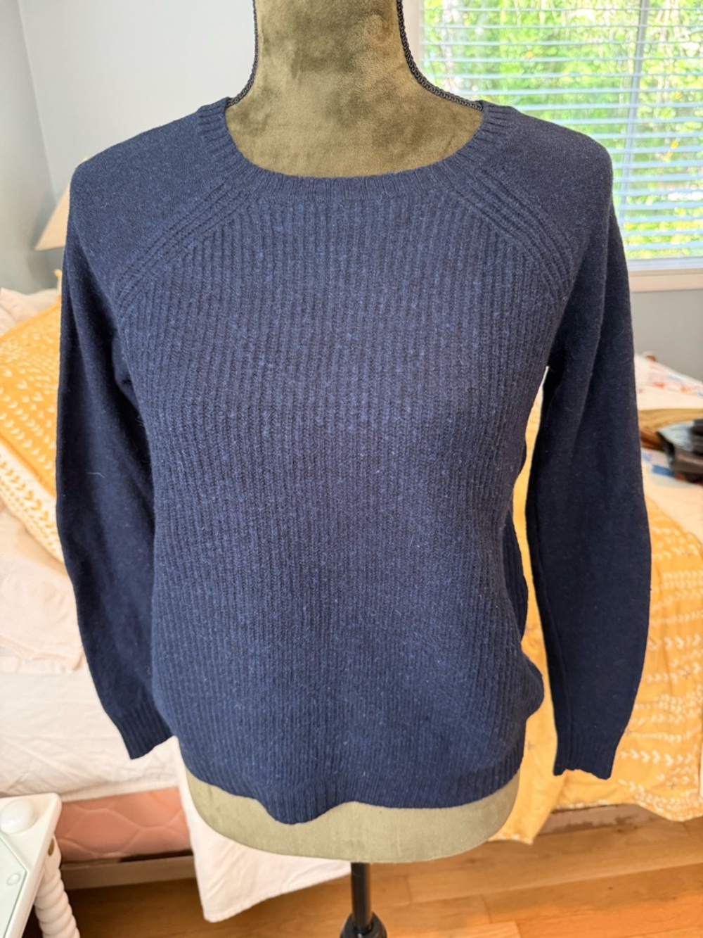 J. Crew Women's Navy Ribbed Crewneck 100% Wool Sweater with 100% Leather Elbows